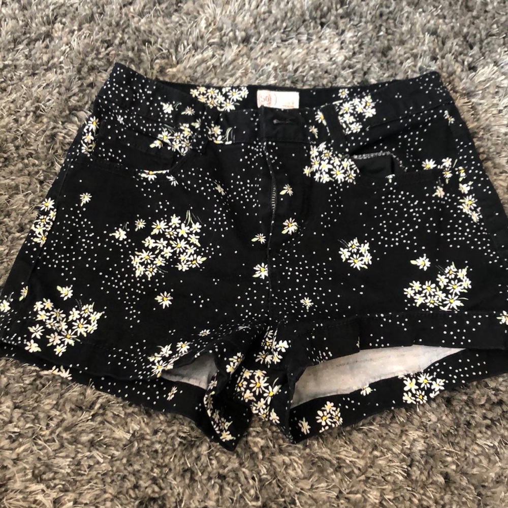 Floral black and white high waisted shorts